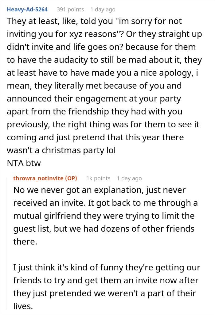 "AITA For Not Inviting Them To My Christmas Party After They Didn&rsquo;t Invite Me To Their Wedding?"
