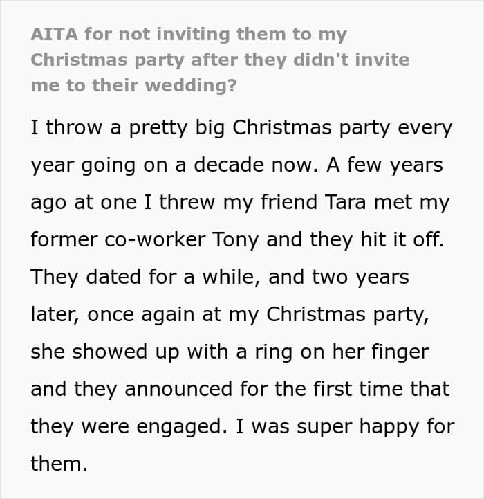 "AITA For Not Inviting Them To My Christmas Party After They Didn&rsquo;t Invite Me To Their Wedding?"